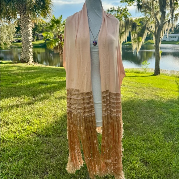 Antique Silk Piano Scarf Shawl Long Fringe Peach Art Deco Wrap As Is *Flaws*